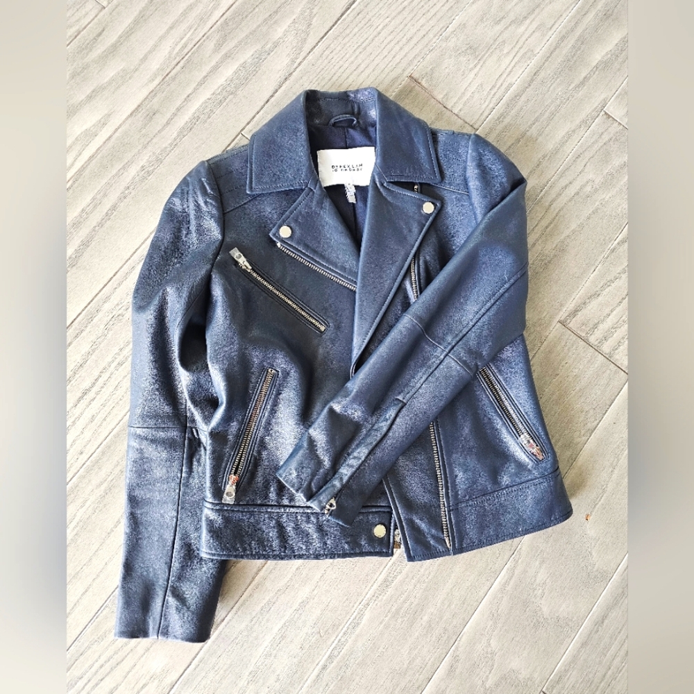 100% Lamb Leather XS Navy Leather Jacket